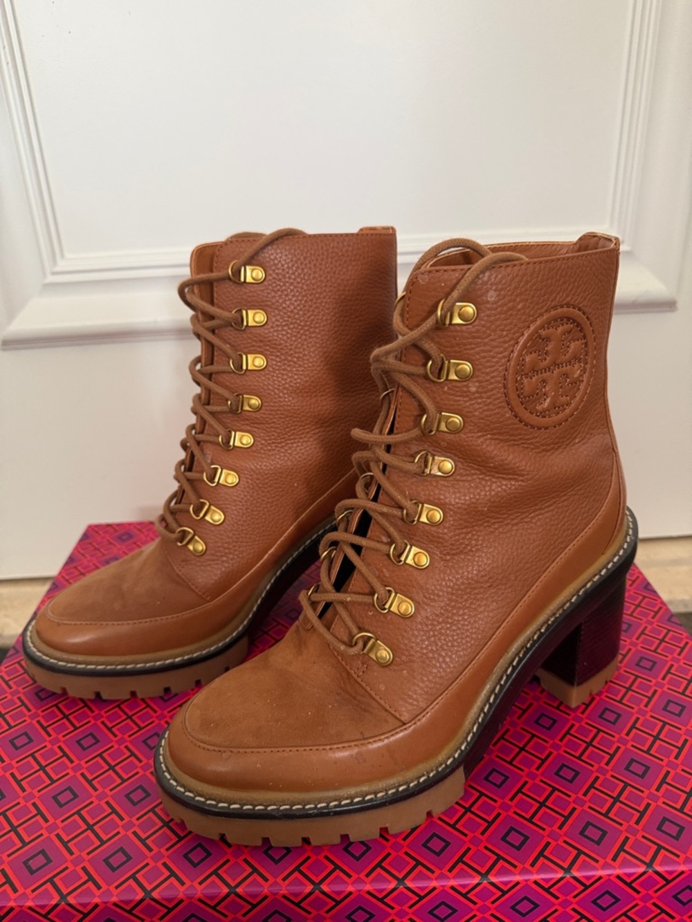 Tory Burch Chestnut Leather Lace-Up Lug Heel Ankle Boots